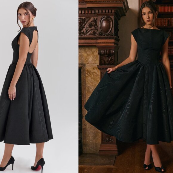 debutante black moire satin backless midi dress HOUSE OF CB'Debutante'Black nwot Beach Wedding Dresses: 24 90s_prom_dress Size:Small inspired silhouettes